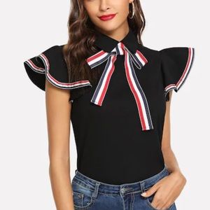 Black top red ribbon tie neck ruffle blouse NWT